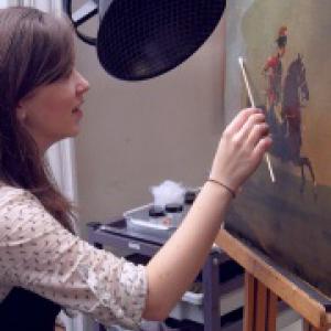 Alysia Sawicka working on David Morier, 'Private, 15th Light Dragoons', c.1760.