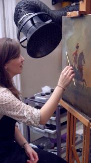 Alysia Sawicka working on David Morier, 'Private, 15th Light Dragoons', c.1760.