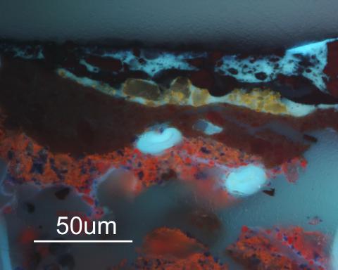 Cross-section (at 500x magnification under UV light) of the ink affected area. Image Jaap Boon, © Tate