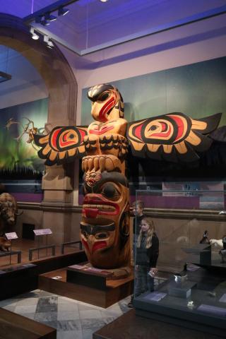 Redisplayed  Thunderbird totem pole at Kelvingrove Museum and Art Gallery.